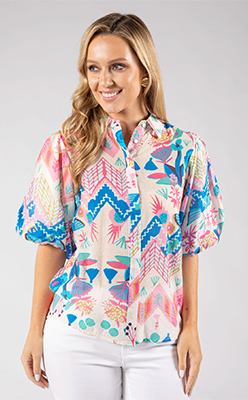 Stella Puff Sleeve Tropical Abstract Print Blouse<br />
