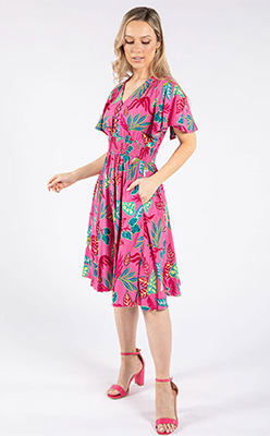 Pamela Scott Angel Sleeve Leaf Print Dress