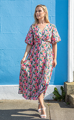 Zapara Zia Puff Sleeve Floral Midi Dress<br />
