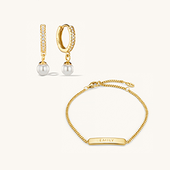 Engraved Bracelet & Crystal Pearl Hoop Earrings Set Gold