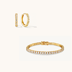 Tennis Chain Bracelet & Small Pave Hoops Set Gold